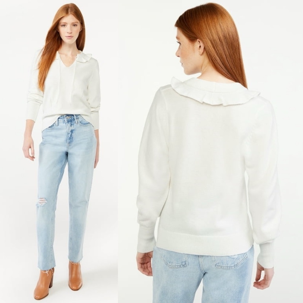 Free Assembly Women's Ruffle‎ Collar Sweater Peter Pan Cottage Feminine, White S